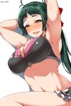  1girl absurdres ar_(lover_boy) arms_behind_head arms_up bikini black_bikini breasts cleavage cowboy_shot green_eyes green_hair highres irako_(kantai_collection) kantai_collection large_breasts long_hair open_mouth ponytail simple_background solo swimsuit twitter_username white_background 