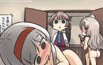  3girls ass blush bottle brown_hair commentary_request dated drooling drunk hairband hamu_koutarou highres indoors kantai_collection kazagumo_(kantai_collection) leg_lift light_brown_hair long_hair looking_at_another lying multiple_girls nose_blush nude on_side open_door open_mouth pola_(kantai_collection) ponytail sake_bottle school_uniform shaded_face shoukaku_(kantai_collection) signature silver_hair thighs very_long_hair 
