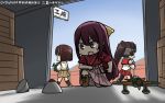  3girls aircraft airplane boots brown_hair commentary_request crate dated e16a_zuiun hakama hamu_koutarou headgear highres hyuuga_(kantai_collection) japanese_clothes kamikaze_(kantai_collection) kantai_collection long_hair meiji_schoolgirl_uniform multiple_girls pink_hakama ponytail purple_hair ribbon-trimmed_sleeves ribbon_trim single_thighhigh sweat tasuki thigh-highs type_91_armor-piercing_shell yamato_(kantai_collection) 