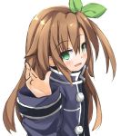  1girl blush bow brown_hair eyebrows_visible_through_hair green_eyes hair_between_eyes hair_bow hair_ornament himajin_(starmine) if_(choujigen_game_neptune) jacket long_hair looking_at_viewer neptune_(series) simple_background smile solo waving white_background 