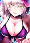  1girl alternate_costume bangs bikini black_ribbon breasts cleavage clouds cloudy_sky collarbone commentary_request cowboy_shot criss-cross_halter eyebrows_visible_through_hair fate/grand_order fate_(series) fingernails flower front-tie_top green_eyes hair_between_eyes hair_flower hair_ornament hair_ribbon halterneck head_tilt jeanne_d&#039;arc_(alter)_(fate) jeanne_d&#039;arc_(fate)_(all) large_breasts leaning_forward looking_at_viewer outdoors parted_lips purple_swimsuit reaching ribbon sayvi short_hair silver_hair sky smile solo swimsuit wet yellow_eyes 