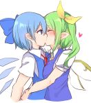  2girls ^_^ blue_bow blue_dress blue_eyes blue_hair blue_wings blush bow breasts cirno closed_eyes commentary_request daiyousei dress eyebrows_visible_through_hair fairy_wings from_side green_hair hair_between_eyes hair_bow hair_ribbon heart highres ice ice_wings karasusou_nano kiss medium_breasts multiple_girls neck_ribbon one_side_up pointy_ears profile red_neckwear red_ribbon ribbon short_hair short_sleeves sidelocks simple_background sketch touhou upper_body white_background wing_collar wings yellow_neckwear yellow_ribbon yuri 