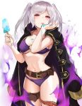  1girl belt belt_buckle bikini black_coat breasts buckle coat commentary_request dark_persona evil_smile female_my_unit_(fire_emblem:_kakusei) fire fire_emblem fire_emblem:_kakusei fire_emblem_heroes food gimurei gloves hips hood hood_down ice_cream large_breasts licking long_hair looking_at_viewer my_unit_(fire_emblem:_kakusei) navel ormille popsicle purple_bikini purple_fire red_eyes robe simple_background smile solo swimsuit tentacle thigh_strap thighs tongue tongue_out twintails waist white_background white_hair 