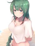  1girl arms_behind_back beach beige_shirt bikini bikini_under_clothes blurry braid breasts brown_bikini cleavage commentary_request cowboy_shot depth_of_field dyson_(edaokunnsaikouya) green_eyes green_hair highres kantai_collection long_hair looking_at_viewer medium_breasts mole mole_under_mouth navel single_braid smile solo swimsuit swimsuit_under_clothes very_long_hair yuugumo_(kantai_collection) 