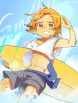  1boy blush brown_eyes g_k_po grin highres looking_at_viewer midriff navel orange_hair pop&#039;n_music shorts smile solo surfboard tarou_(pop&#039;n_music) 