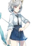  1girl animal_ears blue_skirt bow_(weapon) braid commentary_request dog_ears dog_tail elin_(tera) emily_(pure_dream) grey_hair highres long_hair necktie red_eyes school_uniform shirt sketch skirt solo tail tera_online twin_braids twintails weapon white_shirt 