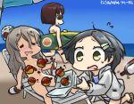  3girls =_= beach beach_umbrella black_hair bottle brown_hair chair commentary_request convenient_censoring dated drooling drunk flip-flops flying_sweatdrops food grey_hair hair_ornament hairclip hamu_koutarou hat hood hoodie hyuuga_(kantai_collection) kantai_collection kuroshio_(kantai_collection) long_hair lounge_chair mini_hat multiple_girls nude open_mouth pola_(kantai_collection) sandals short_hair sleeping sunglasses surfboard sweat takoyaki tripping umbrella wavy_hair wine_bottle 