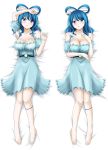  1girl adapted_costume arm_up armpits bare_shoulders barefoot blue_dress blue_eyes blue_hair blush breasts cleavage collarbone commentary_request dakimakura detached_sleeves dress eyebrows_visible_through_hair full_body hair_ornament hair_rings hair_stick hand_on_own_chest hand_up highres hisin kaku_seiga large_breasts looking_at_viewer lying multiple_views off-shoulder_dress off_shoulder on_back parted_lips puffy_short_sleeves puffy_sleeves shiny shiny_skin short_hair short_sleeves smile touhou vest white_vest 