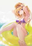  1girl adjusting_hair barefoot bikini blonde_hair blue_eyes breasts flower granblue_fantasy hair_flower hair_ornament innertube jeanne_d&#039;arc_(granblue_fantasy) long_hair medium_breasts mouth_hold nido_celisius swimsuit 