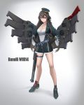 1girl absurdres armor bangs bare_legs benelli_m1014 black_hair breasts buttons character_name check_commentary cleavage clenched_hands closed_mouth coat commentary_request criss-cross_halter dw frown full_body girls_frontline gradient gradient_background gun hair_between_eyes hair_ornament halterneck hands_on_hips headphones heterochromia highres large_breasts long_hair m1014 m1014_(girls_frontline) machinery partially_unbuttoned red_eyes shoes shotgun shotgun_shells sidelocks solo standing thigh_strap thighs weapon wide_sleeves x_hair_ornament yellow_eyes 