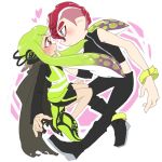  1boy 1girl agent_8 banamiluv bike_shorts black_jeans black_skirt blue_eyes blush boots bracelet cape green_hair hand_holding hand_on_another&#039;s_chin headset heart inkling jewelry nintendo octoling octopus open_mouth pointy_ears redhead reflective_vest simple_background skirt splatoon splatoon_1 splatoon_2 splatoon_2:_octo_expansion sportswear squid tentacle_hair violet_eyes 