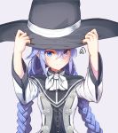  1girl absurdres black_hat blue_eyes blue_hair braid grey_background hair_between_eyes hands_on_headwear hat hat_ribbon highres long_hair looking_at_viewer mushoku_tensei ribbon roxy_migurdia simple_background solo sugar_(dndi888) twin_braids twintails upper_body very_long_hair white_neckwear white_ribbon witch_hat 