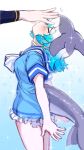 1girl blue_background blue_hair blush choker closed_eyes commentary common_bottlenose_dolphin_(kemono_friends) dolphin_tail english_commentary eyebrows_visible_through_hair fins from_side gradient gradient_background grey_hair head_fins highres kemono_friends multicolored_hair out_of_frame petting sailor_collar short_sleeves sparkle tail tail_fin tanaka_kusao white_background white_choker white_hair