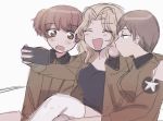  3girls ^_^ alisa_(girls_und_panzer) blonde_hair blush bomber_jacket brown_eyes brown_hair bubble_blowing cellphone chewing_gum closed_eyes eyebrows_visible_through_hair freckles girls_und_panzer hair_intakes jacket kay_(girls_und_panzer) long_hair multiple_girls naomi_(girls_und_panzer) phone saunders_military_uniform selfie_pose short_hair sketch smartphone smile sumiredoljo tank_top thigh-highs white_background white_legwear 