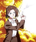  1girl asai_(asumithi) black_skirt brown_hair business_suit collared_shirt finger_gun formal kine-san_no_1-ri_de_cinema kine_machiko looking_at_viewer office_lady official_art pencil_skirt shirt short_hair skirt skirt_suit smile solo suit violet_eyes 