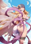  1girl angel_wings angewomon ass asymmetrical_clothes bare_shoulders belt blonde_hair breasts commentary_request crow_aberdeen digimon digimon_adventure digimon_adventure_tri. from_behind gloves head_wings helmet highres large_breasts long_hair multiple_wings solo thigh_strap wings 