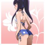  1girl ass blue_ribbon blue_shorts blush breasts cowboy_shot from_behind hair_ribbon heartcatch_precure! highres kakkii leaning_forward long_hair micro_shorts ponytail precure purple_hair ribbon see-through shiny shiny_clothes shorts sidelocks small_breasts solo standing tsukikage_yuri under_boob 