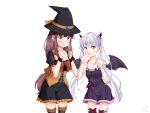  2girls absurdres black_dress black_hat black_legwear black_wings blue_eyes blush bow breasts brown_hair cleavage collarbone cowboy_shot demon_wings dress eyebrows_visible_through_hair hair_ribbon halloween halloween_costume hat hat_bow highres horns long_hair looking_at_viewer medium_breasts multiple_girls new_game! open_mouth orange_bow orange_ribbon ponytail ribbon sainohikari short_dress short_sleeves silver_hair simple_background standing suzukaze_aoba takimoto_hifumi thigh-highs twintails very_long_hair white_background wings witch_hat zettai_ryouiki 