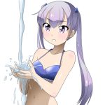  1girl bangs blue_bikini_top breasts cleavage collarbone eyebrows_visible_through_hair hair_between_eyes hair_ornament highres kakkii long_hair navel new_game! purple_hair shiny shiny_clothes shiny_hair shiny_skin simple_background small_breasts solo standing suzukaze_aoba twintails upper_body very_long_hair violet_eyes water white_background 
