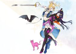  2girls :o absurdres animal arm_around_waist artist_name ayase_eli bat belt black_cape black_gloves black_legwear blue_footwear blue_skirt blue_vest blush boots cape cat dress elbow_gloves gloves hair_ornament hair_ribbon hands_together hat high_heels highres holding holding_sword holding_weapon long_hair looking_at_another love_live! love_live!_school_idol_project multiple_girls orange_cape pink_cat ponytail print_legwear purple_dress purple_footwear purple_ribbon ribbon skirt smile sparkle standing standing_on_one_leg star star_hair_ornament star_hat_ornament star_print sword thigh-highs toujou_nozomi twintails vest weapon white_gloves white_ribbon witch witch_hat yuri zawawa_(satoukibi1108) 