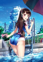  1girl absurdres adapted_costume ass bird blue_swimsuit brown_eyes brown_hair casual_one-piece_swimsuit clouds d.va_(overwatch) facial_mark fang from_behind headphones heishan highres ladder long_hair looking_back one-piece_swimsuit open_mouth outdoors overwatch partially_submerged pool poolside sky smile solo swimsuit telephone_pole umbrella wading water water_gun wet 