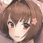  1girl arm_pillow blush brown_eyes brown_hair close-up flower grey_sweater hair_flower hair_intakes hair_ornament kantai_collection kochipu long_hair long_sleeves looking_at_viewer lying on_side parted_lips ponytail ribbed_sweater solo sweater yamato_(kantai_collection) 
