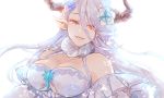  1girl breasts detached_sleeves draph flower fur_collar granblue_fantasy hair_flower hair_ornament horns izmir kogitetuosero large_breasts mole mole_under_mouth pointy_ears red_eyes smile tears under_boob white_background white_hair 