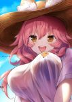  1girl :d animal_ears blue_bikini_top breasts clouds fate/extra fate/grand_order fate_(series) fox_ears from_below hat large_breasts long_hair looking_at_viewer open_mouth pink_hair see-through shirt sky smile solo sun_hat tamamo_(fate)_(all) tamamo_no_mae_(swimsuit_lancer)_(fate) twitter_username tyone upper_body white_shirt yellow_eyes 
