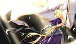  1girl armor armored_dress banner blonde_hair blue_eyes braid dress fate/apocrypha fate_(series) floating_hair from_behind gauntlets highres holding holding_weapon jeanne_d&#039;arc_(fate) jeanne_d&#039;arc_(fate)_(all) long_hair ponytail purple_dress shenhai_(2556146833) single_braid solo standing very_long_hair weapon 