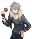  1boy apple asymmetrical_gloves belt black_gloves chromatic_aberration collar collarbone ddal ensemble_stars! fang fingerless_gloves food fruit gloves grey_hair grin hand_on_hip highres jacket jewelry looking_at_viewer male_focus oogami_koga silver_hair simple_background smile solo studded_bracelet studded_collar undead_(ensemble_stars!) white_background yellow_eyes 