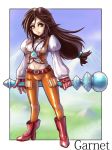  1girl black_choker black_hair boots breasts brown_eyes choker commentary_request final_fantasy final_fantasy_ix full_body garnet_til_alexandros_xvii gloves high_heel_boots high_heels highres holding holding_staff jewelry long_hair low-tied_long_hair oomasa_teikoku pendant solo staff weapon 