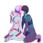  1boy 1girl bangs black_bodysuit black_hair blue_eyes bodysuit commentary_request couple darling_in_the_franxx face-to-face facing_another forehead-to-forehead green_eyes hetero highres hiro_(darling_in_the_franxx) horns igommy kiss long_hair looking_at_another oni_horns pilot_suit pink_hair red_horns seiza short_hair sitting white_bodysuit zero_two_(darling_in_the_franxx) 