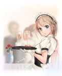  1boy 2girls absurdres blonde_hair blue_eyes blurry blurry_background braid character_name cup dabaizhao dated drinking_glass eyebrows_visible_through_hair flower flower_pot g36_(girls_frontline) girls_frontline gloves highres long_hair looking_at_viewer looking_back maid maid_headdress mug multiple_girls puffy_short_sleeves puffy_sleeves short_sleeves table tablecloth tray vase white_gloves 