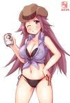  1girl artist_logo beer_can bikini black_bikini blush breasts can cleavage commentary_request cowboy_hat cowboy_shot dated front-tie_top grin hand_on_hip hat highres holding holding_can jun&#039;you_(kantai_collection) kanon_(kurogane_knights) kantai_collection large_breasts long_hair looking_at_viewer navel one_eye_closed purple_hair purple_shirt shirt side_ponytail simple_background smile solo spiky_hair standing swimsuit tied_shirt violet_eyes white_background 