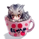  1girl bird_tail bird_wings blonde_hair check_translation coat cup eyebrows_visible_through_hair grey_hair head_wings highres in_container in_cup kemono_friends long_sleeves multicolored_hair northern_white-faced_owl_(kemono_friends) owl_ears short_hair solo takami_masahiro teacup translated white_hair wings 