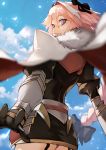  1boy 55level armor astolfo_(fate) black_bow black_ribbon bow braid cape clouds commentary_request fang fate/apocrypha fate_(series) from_behind fur_trim garter_straps gauntlets hair_intakes hair_ribbon highres long_braid looking_at_viewer male_focus multicolored_hair pink_hair ribbon single_braid sky solo streaked_hair trap violet_eyes 