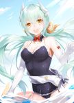  1girl :d bangs bare_shoulders bird black_swimsuit blush bow bowtie breasts casual_one-piece_swimsuit cleavage clouds collarbone commentary_request cowboy_shot day detached_collar dragon_horns elbow_gloves eyebrows_visible_through_hair fate/grand_order fate_(series) floating_hair gloves green_hair hair_between_eyes hair_bow hair_ribbon hand_up horns kiyohime_(fate/grand_order) kiyohime_(swimsuit_lancer)_(fate) long_hair looking_at_viewer low_twintails medium_breasts ocean one-piece_swimsuit open_mouth outdoors red_bow red_neckwear ribbon seagull shiny shiny_hair shiny_skin sidelocks smile solo sparkle standing swimsuit twintails very_long_hair wading waka_(shark_waka) white_gloves yellow_bow yellow_eyes yellow_ribbon 