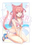  1girl :d animal_ears bangs beach bell between_legs bikini bird blue_footwear braid breasts cat_ears cat_tail choker cleavage collar eyebrows_visible_through_hair full_body hair_between_eyes hair_bobbles hair_ornament hand_between_legs heart highres innertube kneeling long_hair medium_breasts open_mouth original pink_bikini pink_hair red_eyes sailor_bikini sailor_collar smile solo swimsuit tail urata_asao 