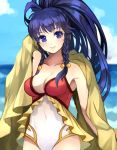  1girl bare_shoulders braid breasts cleavage fire_emblem fire_emblem:_seima_no_kouseki fire_emblem_heroes gloves jurge long_hair looking_at_viewer medium_breasts one-piece_swimsuit open_mouth pegasus_knight ponytail purple_hair smile solo standing swimsuit tana violet_eyes 