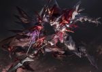  2boys absurdres armor battle blood d-boy duel fighting full_armor glowing green_eyes helmet highres holding holding_weapon injury looking_at_another mecha motion_blur multiple_boys power_armor purple_blood stabbing tekkaman_blade tekkaman_evil weapon zhen_long 