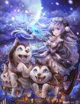  1girl 2018 :d animal bangs black_dress black_gloves black_hat blue_eyes building clouds dog dress full_moon fur-trimmed_sleeves fur_trim gloves hair_between_eyes hat holding holding_wand husky juliet_sleeves long_hair long_sleeves moon night night_sky open_mouth original outdoors puffy_sleeves purple_hair ribbon sky sleigh smile snow snowing star_(sky) straight_hair sui_(petit_comet) wand white_ribbon 