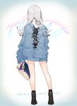  1girl artist_name bag bag_charm black_footwear charm_(object) circle_name cross-laced_clothes dated denim denim_jacket fashion from_behind full_body grey_hair handbag high_tops holding holding_bag long_hair original signature sleeves_past_wrists socks solo standing yua_(tick-tack) 