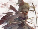  1girl blonde_hair bow breasts commentary djeeta_(granblue_fantasy) english_commentary flower granblue_fantasy hair_flower hair_ornament highres hikari_niji holding holding_sword holding_weapon japanese_clothes katana kimono long_sleeves looking_at_viewer medium_breasts mouth_hold obi pink_flower pink_kimono purple_bow red_scarf sarashi sash scarf short_hair solo standing sword triple_wielding twitter_username weapon wide_sleeves yellow_eyes 