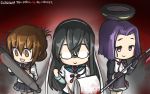  3girls black_hair black_skirt blood brown_hair commentary_request dated folded_ponytail glaive glasses hamu_koutarou highres inazuma_(kantai_collection) kantai_collection long_hair mechanical_halo multiple_girls neckerchief necktie ooyodo_(kantai_collection) open_mouth plasma-chan_(kantai_collection) pleated_skirt purple_hair school_uniform serafuku short_hair skirt torpedo 