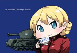  1girl blonde_hair blue_background blue_eyes breasts caterpillar_tracks chibi churchill_(tank) commentary_request cup darjeeling emblem english girls_und_panzer ground_vehicle holding long_hair military military_vehicle motor_vehicle smile st._gloriana&#039;s_(emblem) st._gloriana&#039;s_military_uniform tank yunaka_(259808) 