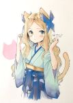  1girl anchor animal_ears asakaze_(kantai_collection) bangs blue_bow blue_eyes blue_hakama blue_kimono bow cat_ears cat_tail cowboy_shot forehead furisode hair_bow hakama highres japanese_clothes kantai_collection kimono light_brown_hair long_hair looking_at_viewer meiji_schoolgirl_uniform parted_bangs raymie0124 sidelocks solo tail twitter_username wavy_hair 