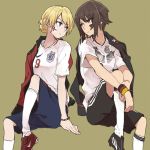  2018_fifa_world_cup 2girls bangs black_jacket blonde_hair blue_eyes braid brown_eyes brown_hair closed_mouth commentary_request darjeeling facepaint girls_und_panzer jacket looking_at_another multiple_girls nishizumi_maho red_jacket ree_(re-19) short_hair simple_background sitting soccer_uniform sportswear tied_hair twin_braids wristband 