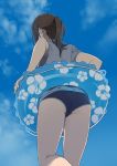  1girl ass back brown_hair from_below innertube mattaku_mousuke original ponytail shirt sky swimsuit swimsuit_under_clothes t-shirt 