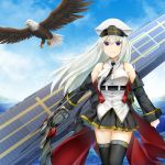  1girl azur_lane bald_eagle bangs bird black_belt black_coat black_legwear black_neckwear black_skirt bow_(weapon) chysk_hm clouds cloudy_sky coat collared_shirt commentary_request deck eagle enterprise_(azur_lane) eyebrows_visible_through_hair hair_between_eyes hat highres holding looking_at_viewer military miniskirt necktie ocean open_clothes open_coat peaked_cap pleated_skirt shirt silver_hair skirt sky sleeveless sleeveless_shirt smile solo standing thigh-highs underbust violet_eyes weapon white_hat zettai_ryouiki 