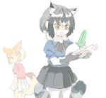  2girls animal_ears black_hair blonde_hair bow bowtie bucket_hat commentary_request common_raccoon_(kemono_friends) elbow_gloves feathers fennec_(kemono_friends) fox_ears fox_tail fur_collar gloves grey_hair hat kemono_friends konabetate multicolored_hair multiple_girls pantyhose pleated_skirt puffy_short_sleeves puffy_sleeves raccoon_ears raccoon_tail short_hair short_sleeves skirt sweatdrop tail thigh-highs 